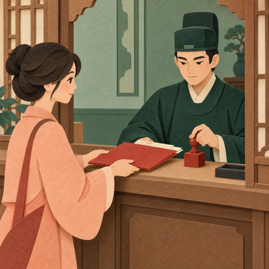 A court clerk accepts a document folder from a citizen at a window