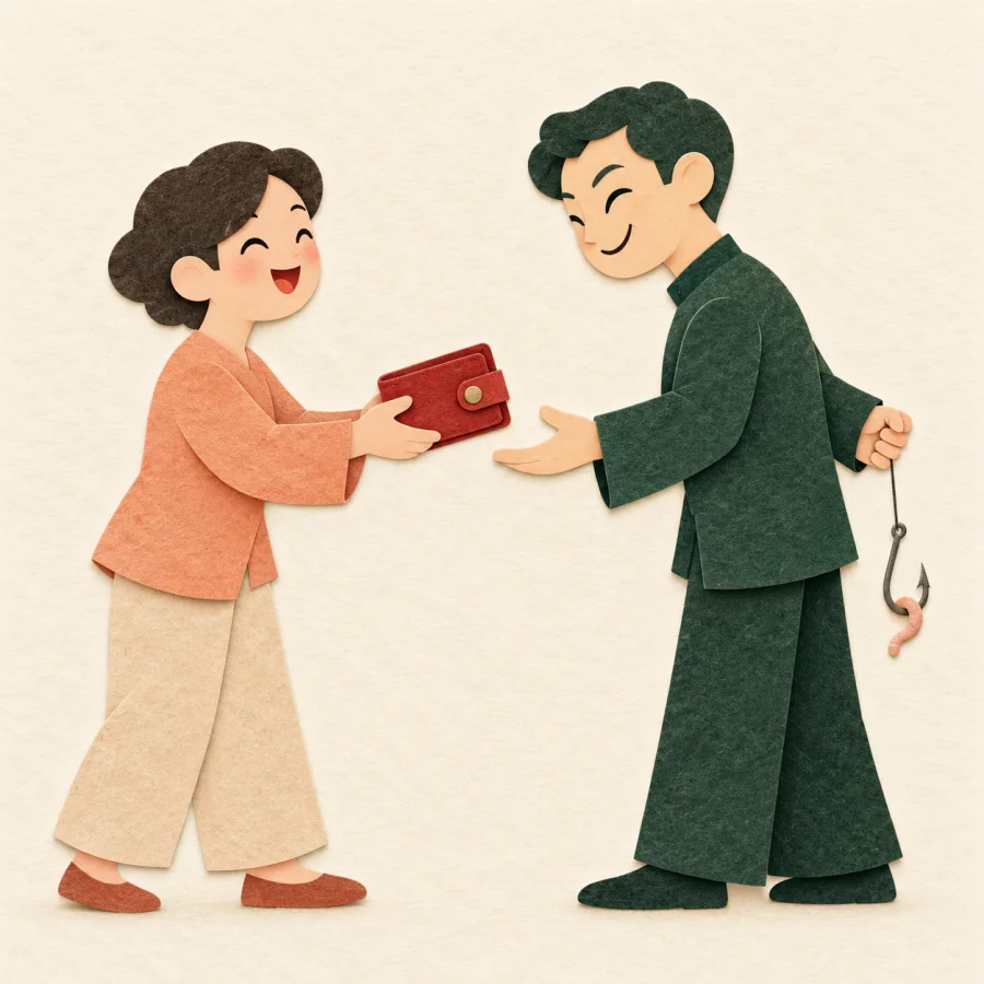 A person hands a wallet to a smiling trickster hiding a fishhook