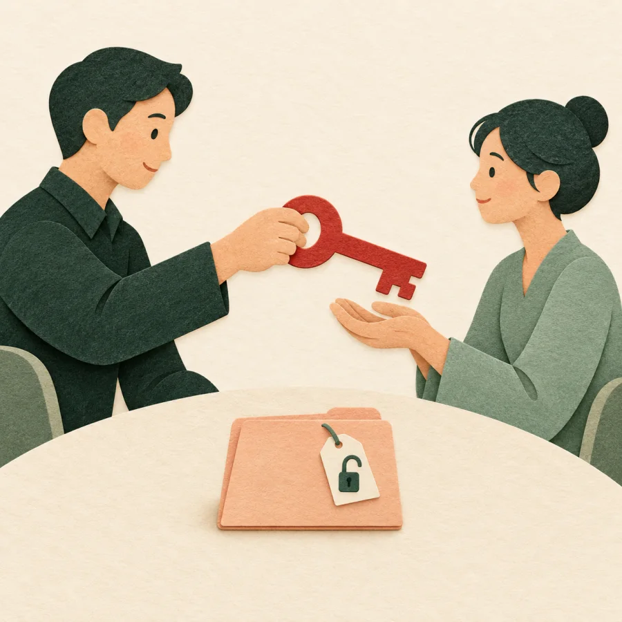 A person hands a large key to a colleague across a meeting table