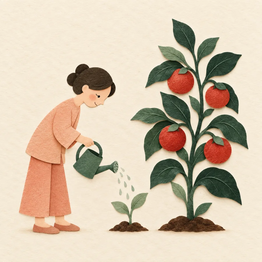 A person waters a young plant beside a tall fruiting plant