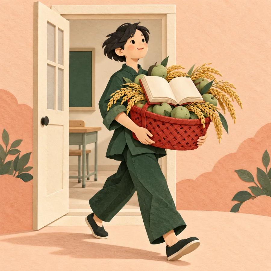 A person leaves a class carrying an overflowing basket of harvest