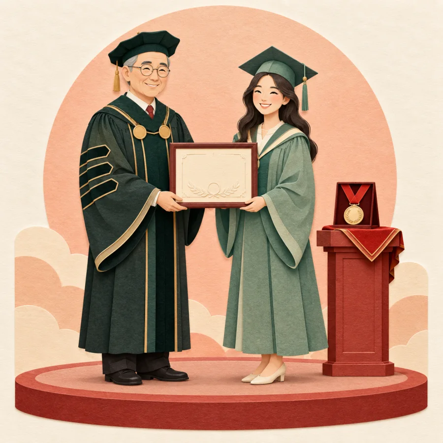 A university official hands a diploma to a graduate at a ceremony