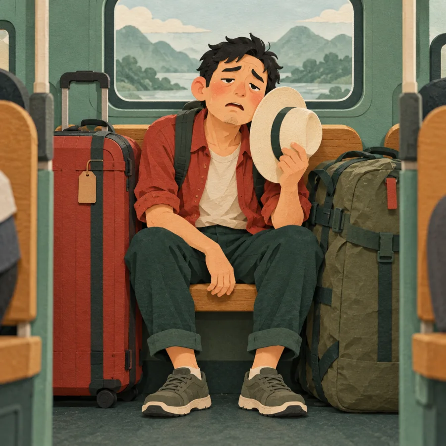 A tired passenger suffers, squeezed by luggage in a crowded bus