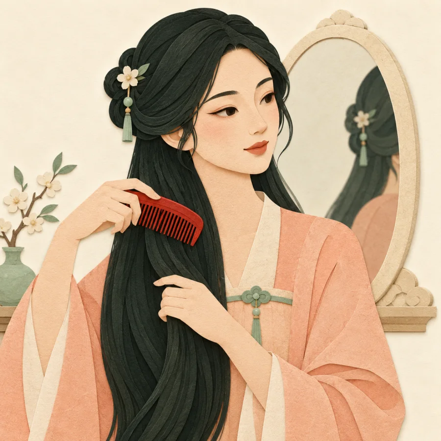 A woman combs her hair with a red comb before a mirror