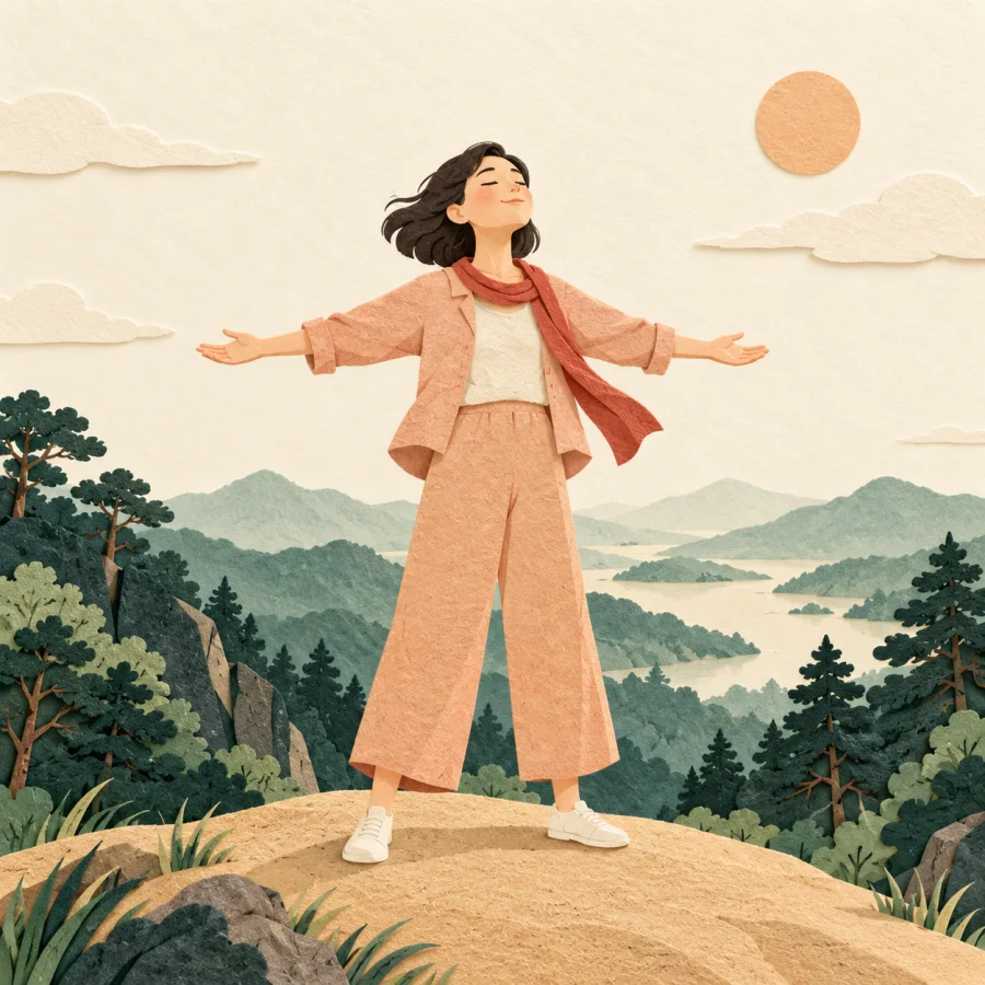 A person stands with arms spread wide on a hill among trees