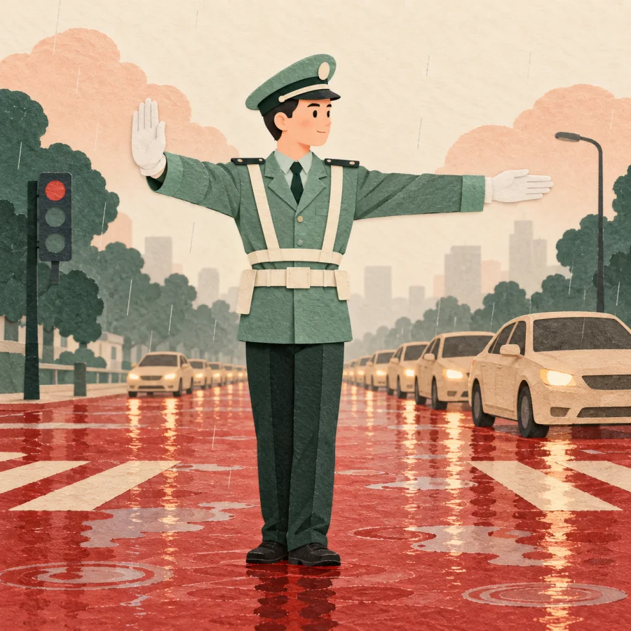 A traffic officer guides cars through a flooded intersection in rain