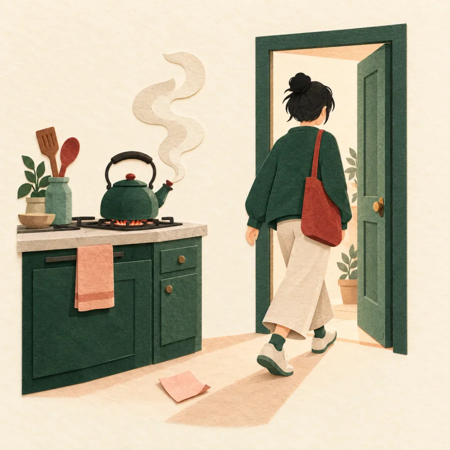 A person walks away, having forgotten a steaming kettle on the stove