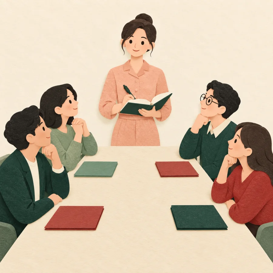 A person takes notes at a meeting table while colleagues listen