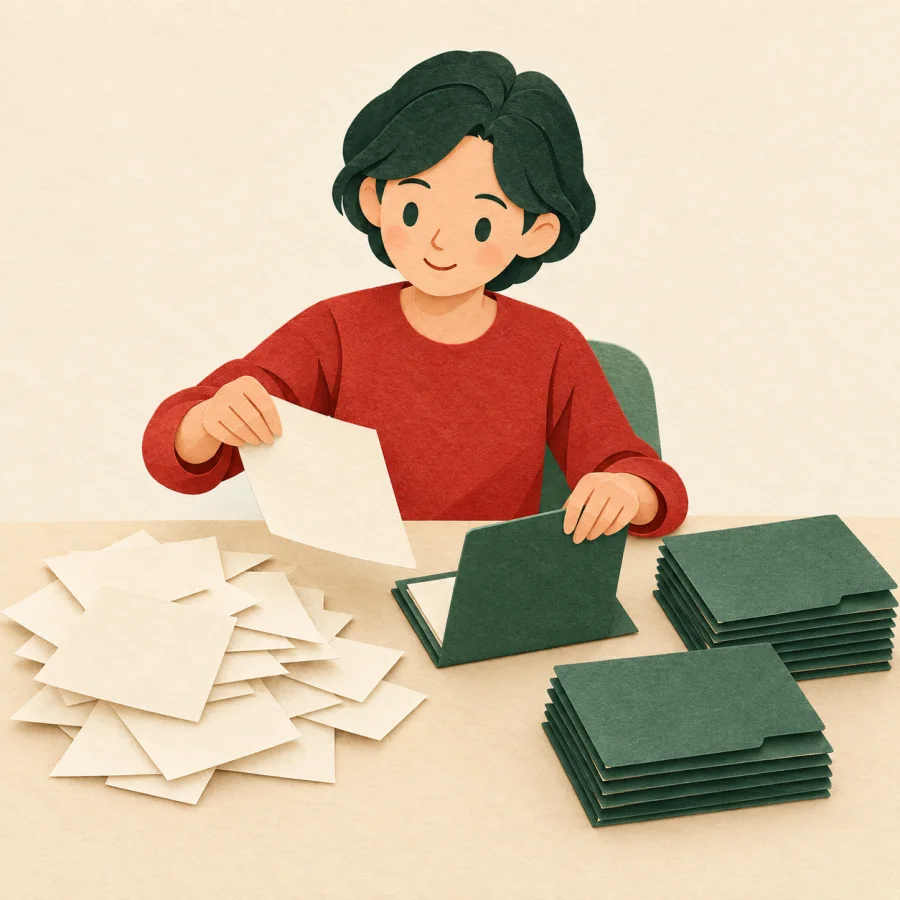 A person sortes a messy pile of papers into neat folders
