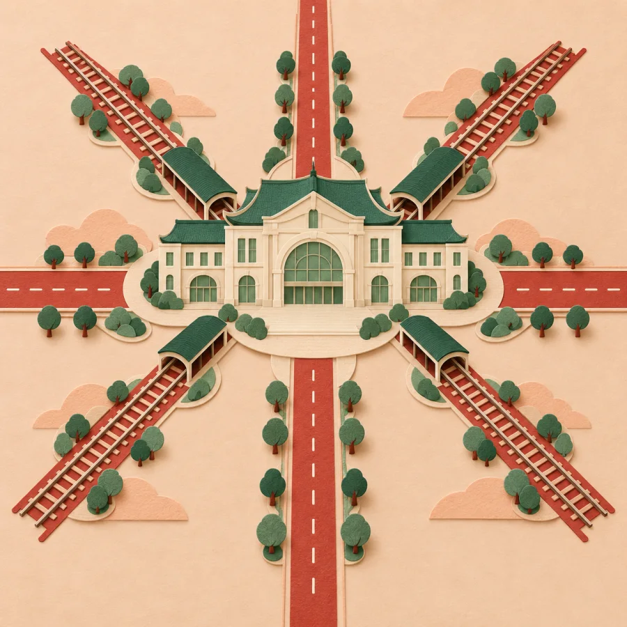 A station at the center with roads converging from all sides