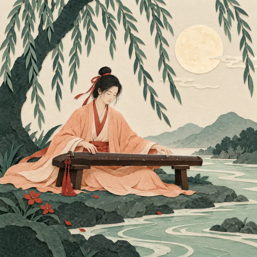 A person plays a stringed instrument by a stream under the moon