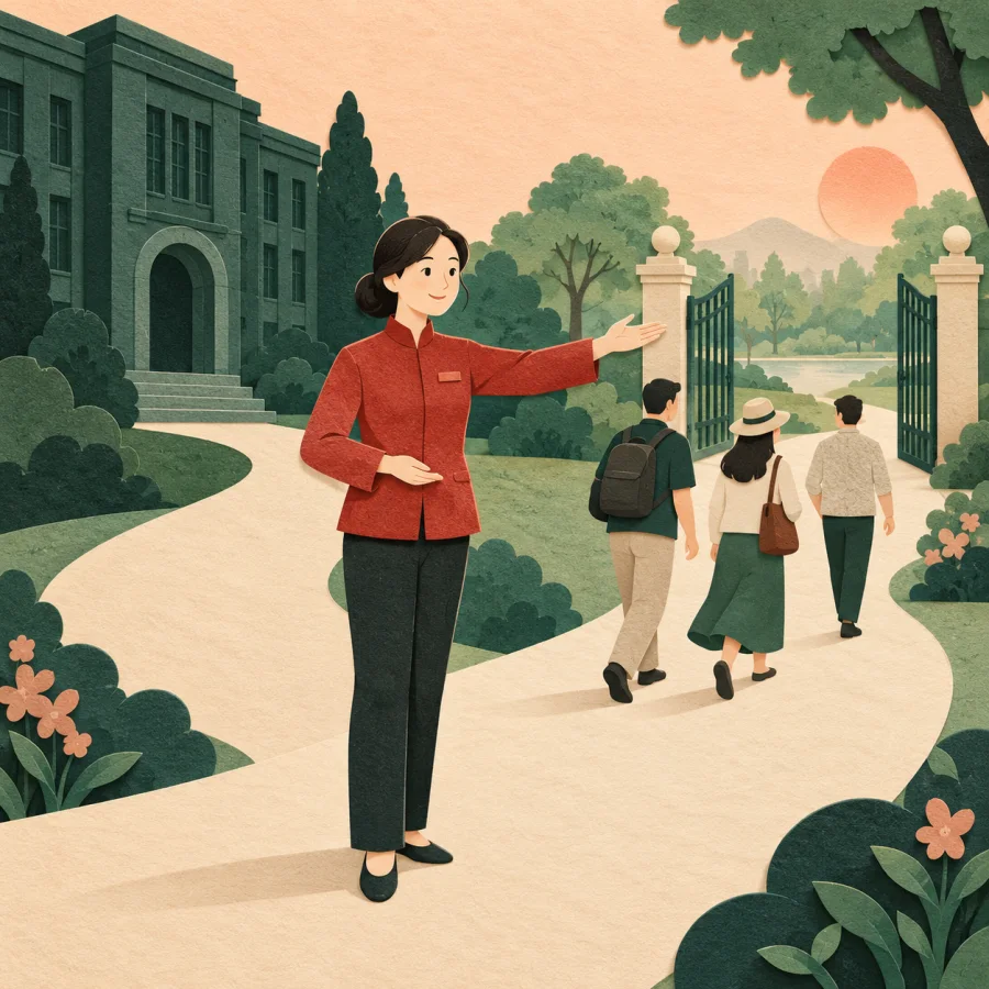 A red-clad staff member guides a crowd from a building to a park gate