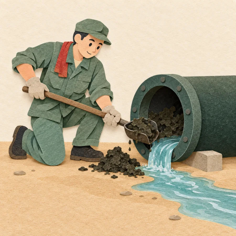 A worker scoops silt from a large pipe as clean water flows