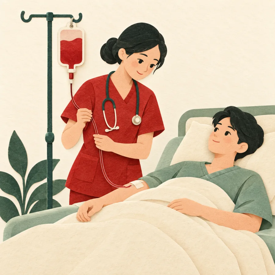 A nurse connects a tube from a pouch to a patient's arm