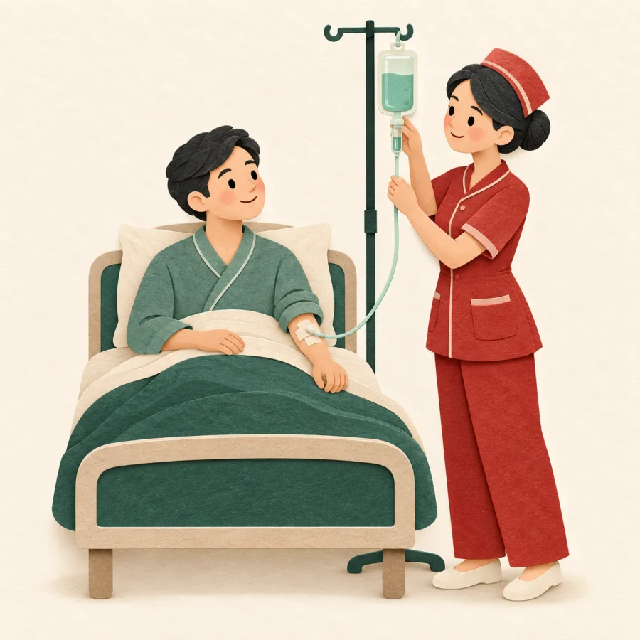A patient sits on a bed beside a nurse and a drip pouch