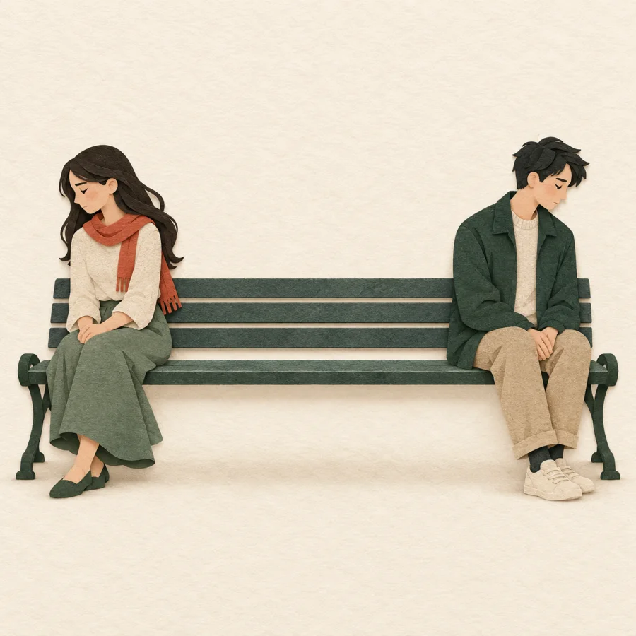Two friends sit back to back, distant and cold