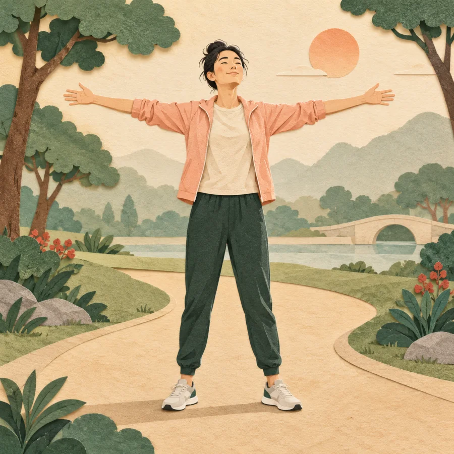 A person stretches both arms wide after exercising