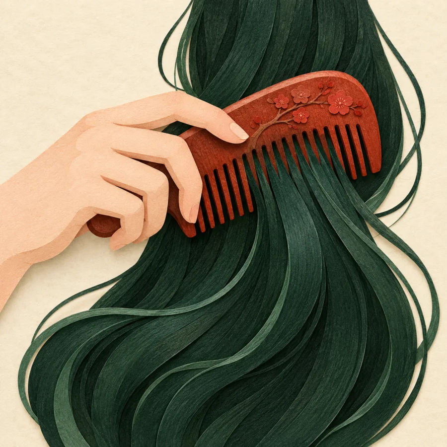 A hand combs long hair with a wooden comb