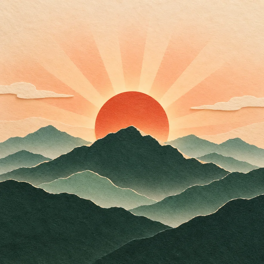 The first sun rays rise over quiet mountains