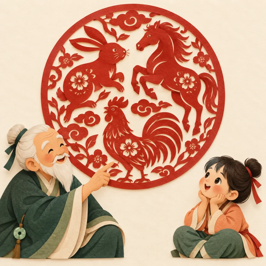 An elder shows a child a circle of animal figures