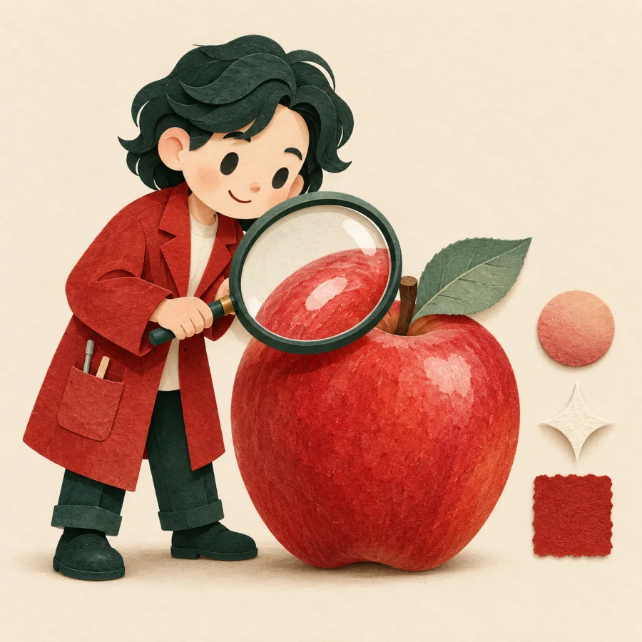 A scientist examines an apple with a magnifying glass