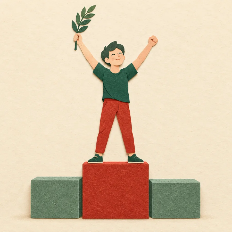 A person stands on the tallest podium holding a laurel branch