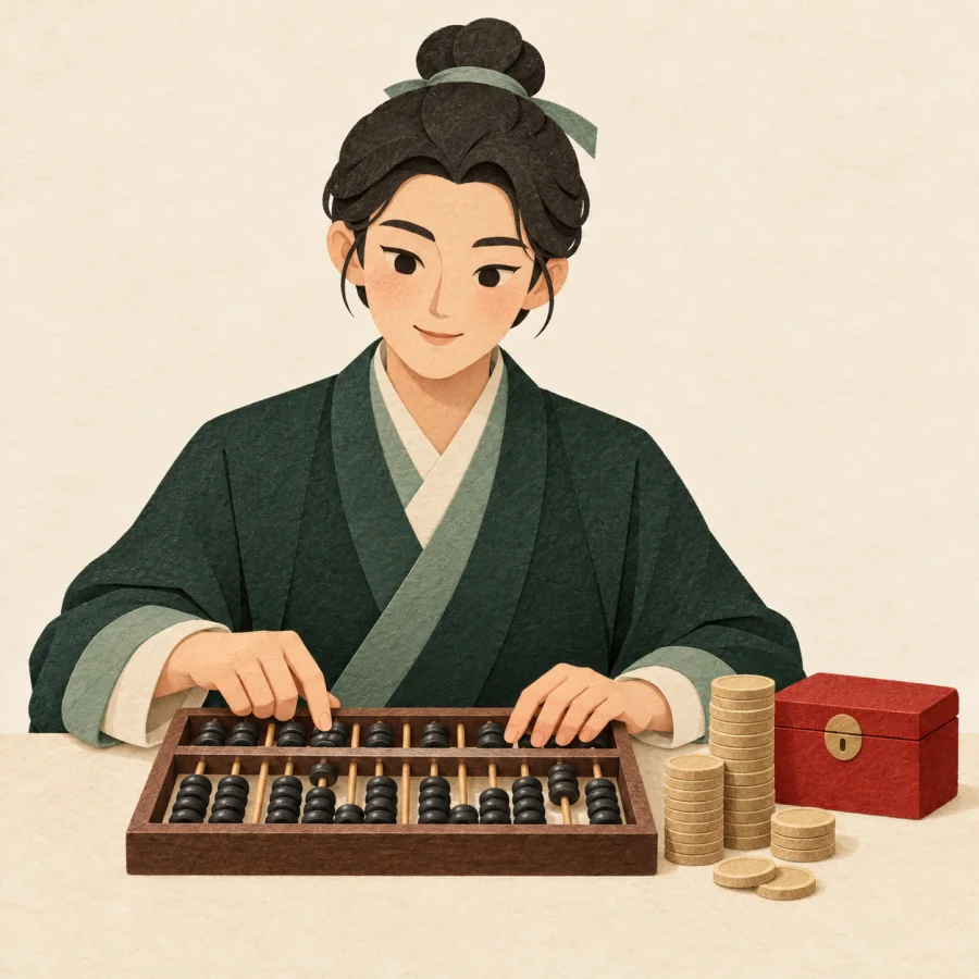 A person counts a stack of coins with an abacus at a counter