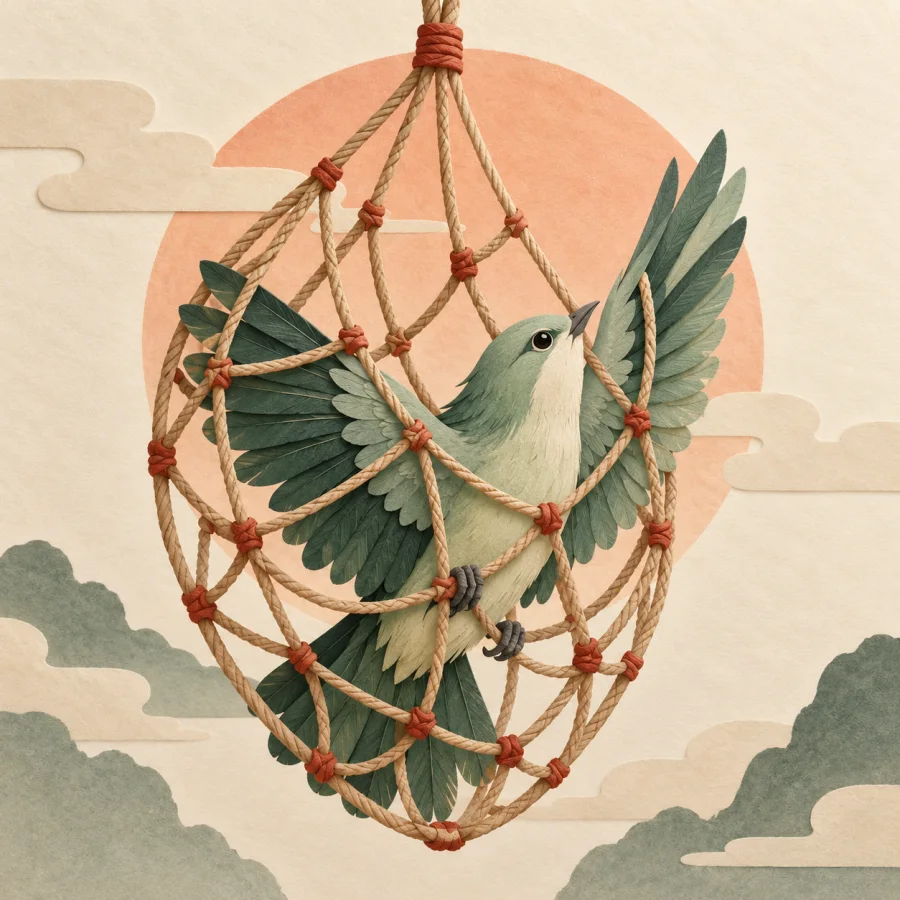 A bird struggles in a net, one wing reaching toward the sky
