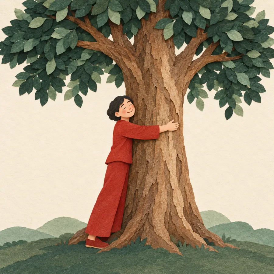 A person hugs the thick trunk of a large leafy tree