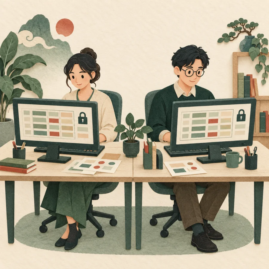 Researchers entering data into a computer database