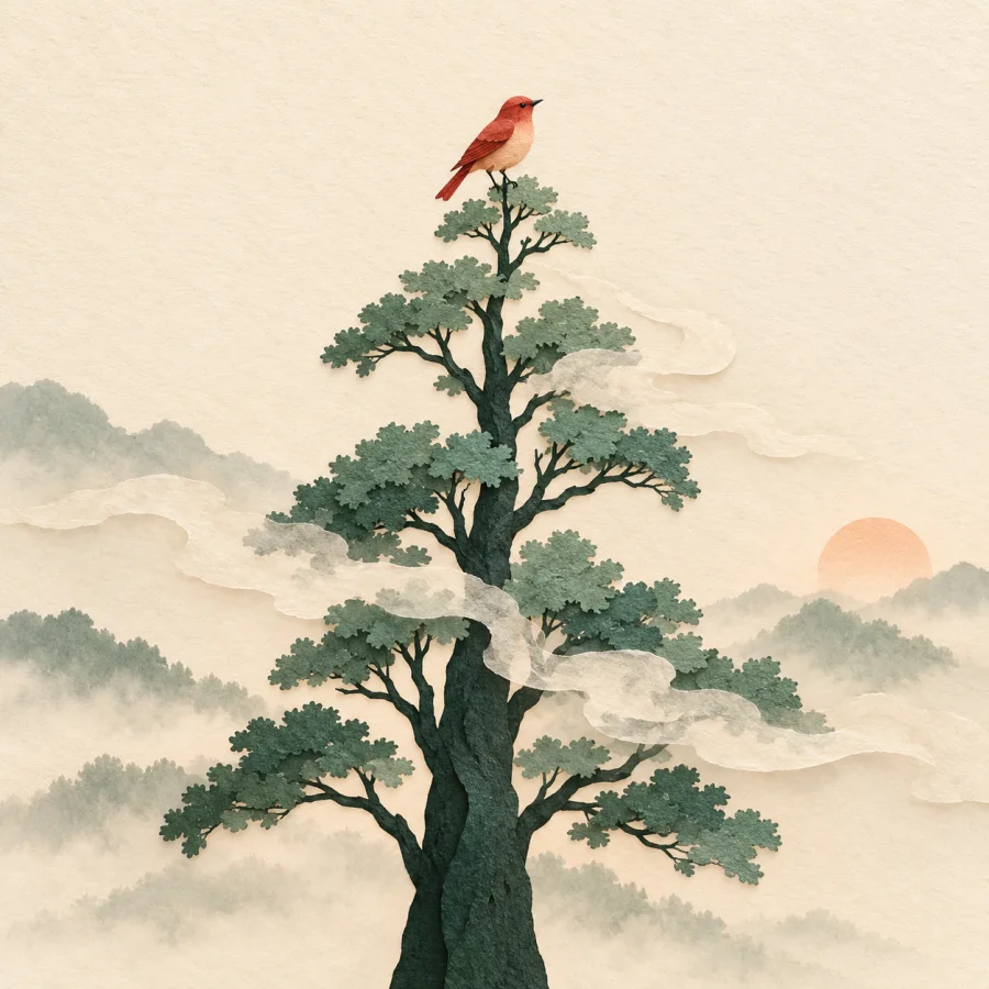 A bird perched on a treetop in the morning mist