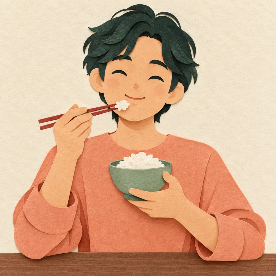 A person eating a bowl of rice