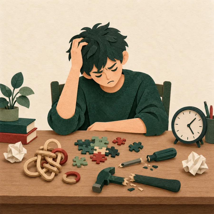 A person scratches their head at a desk piled with scattered papers