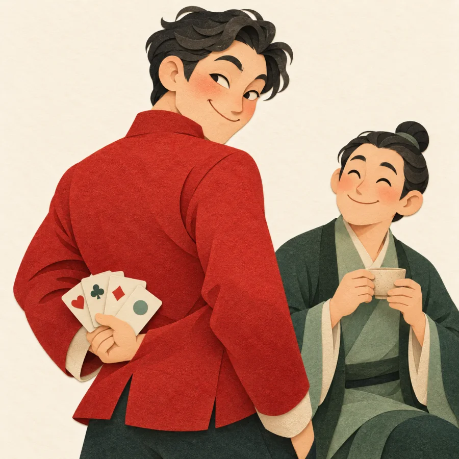 A sly performer hides cards behind his back.