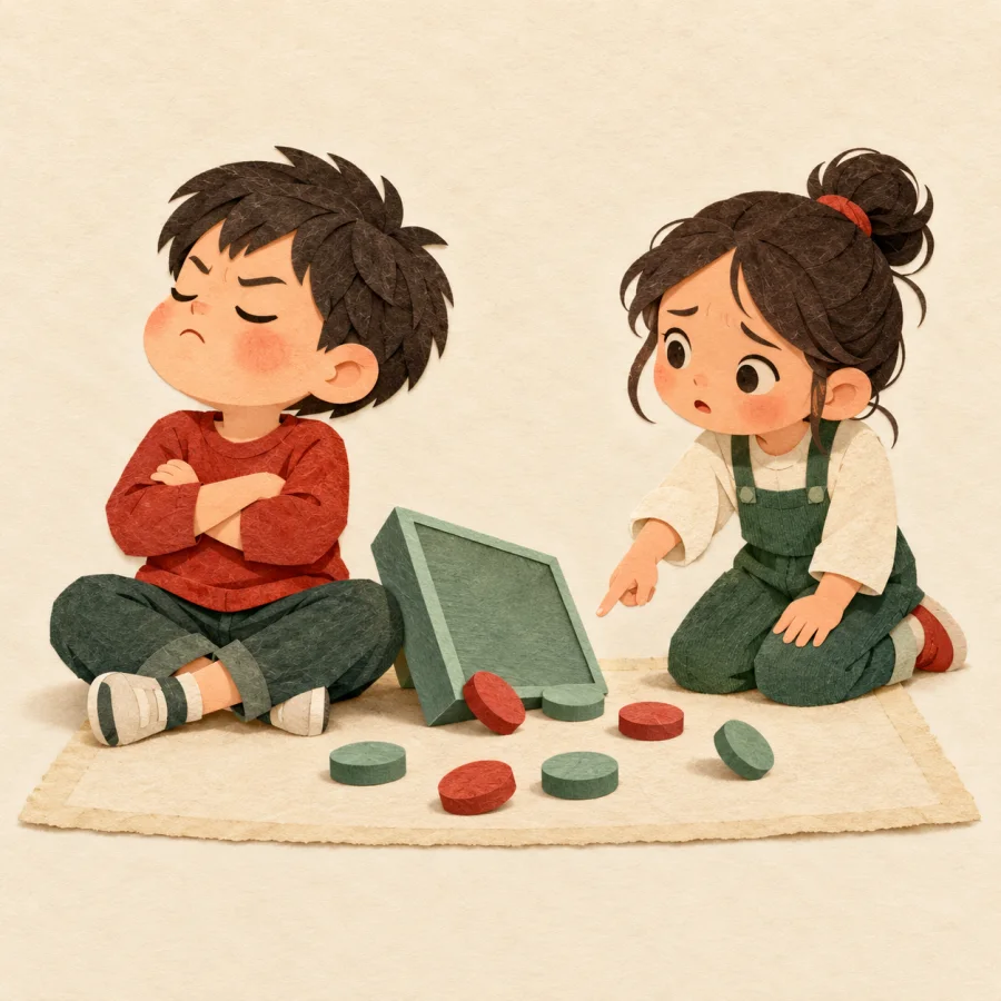 A child tips over a board game and sulks.