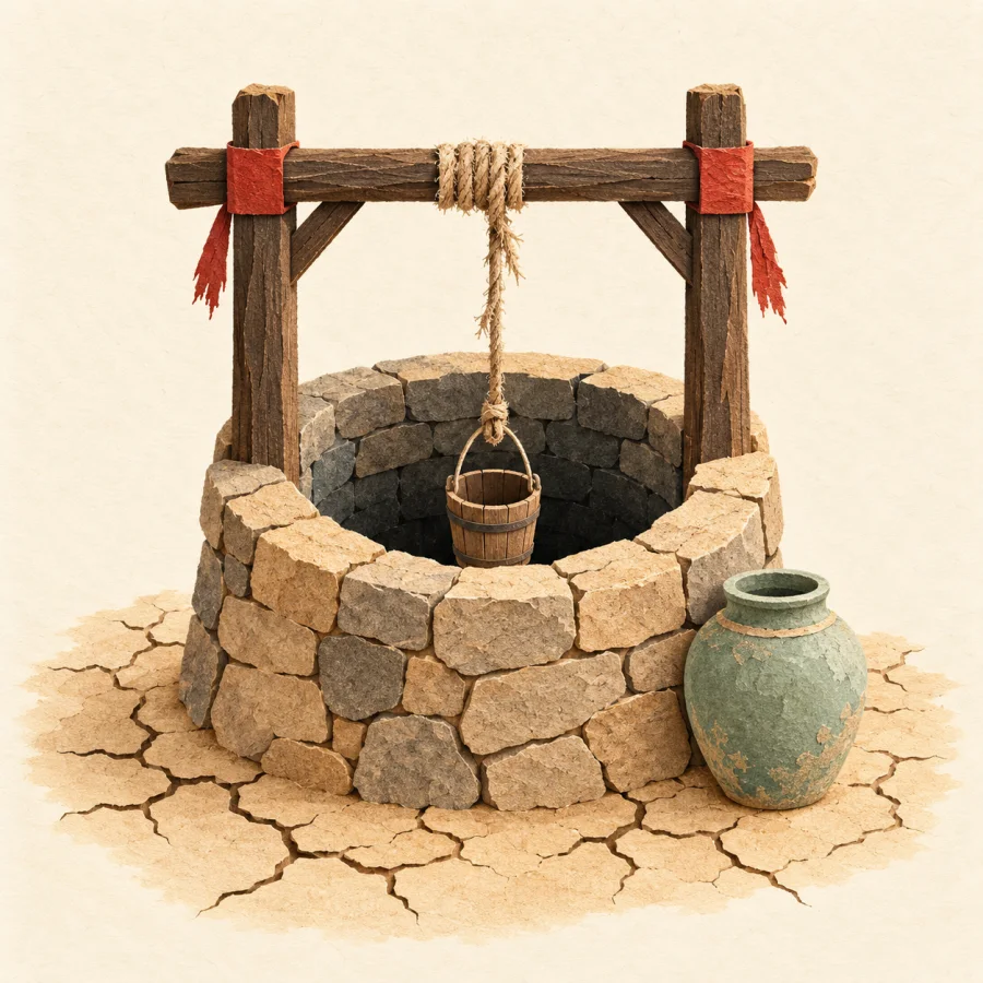 A dry well with a rope and bucket amid cracked earth