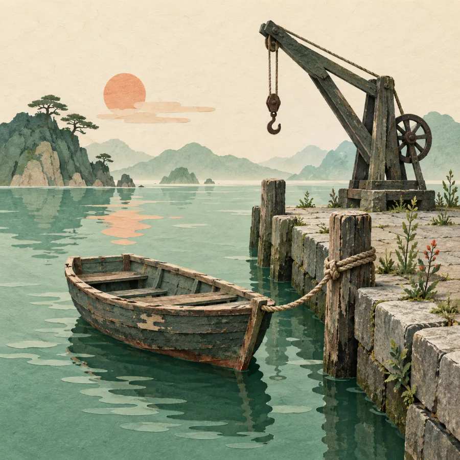 A quiet harbor with an old boat and a tilting crane