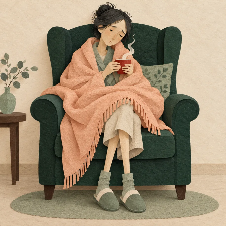 A thin elderly person in an armchair with a cup and blanket