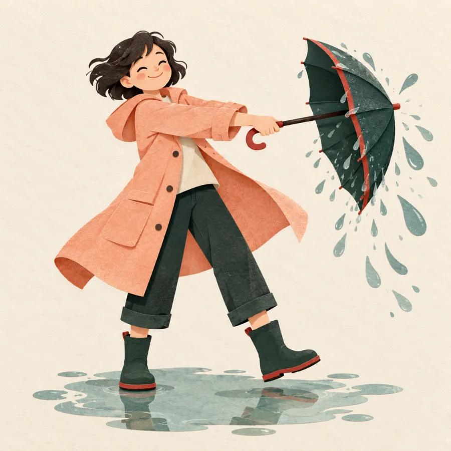 A person sharply shaking water off a wet umbrella
