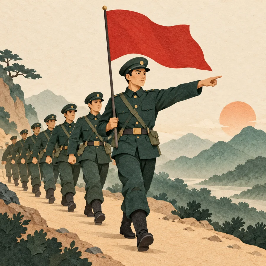 A commander in uniform leads a squad of soldiers forward