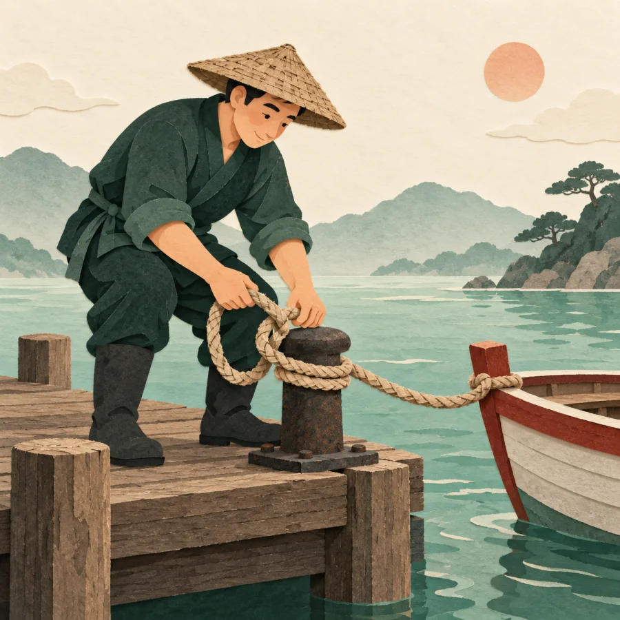 A fisherman ties a thick rope from a boat to a post on a dock