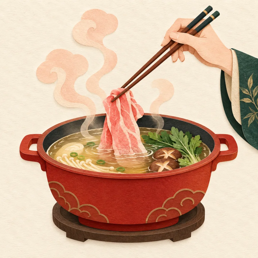 A person dips thin meat slices with chopsticks over a steaming pot