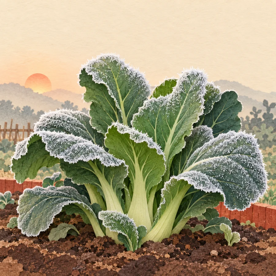 White frost covers green leaves of vegetables in a garden at dawn