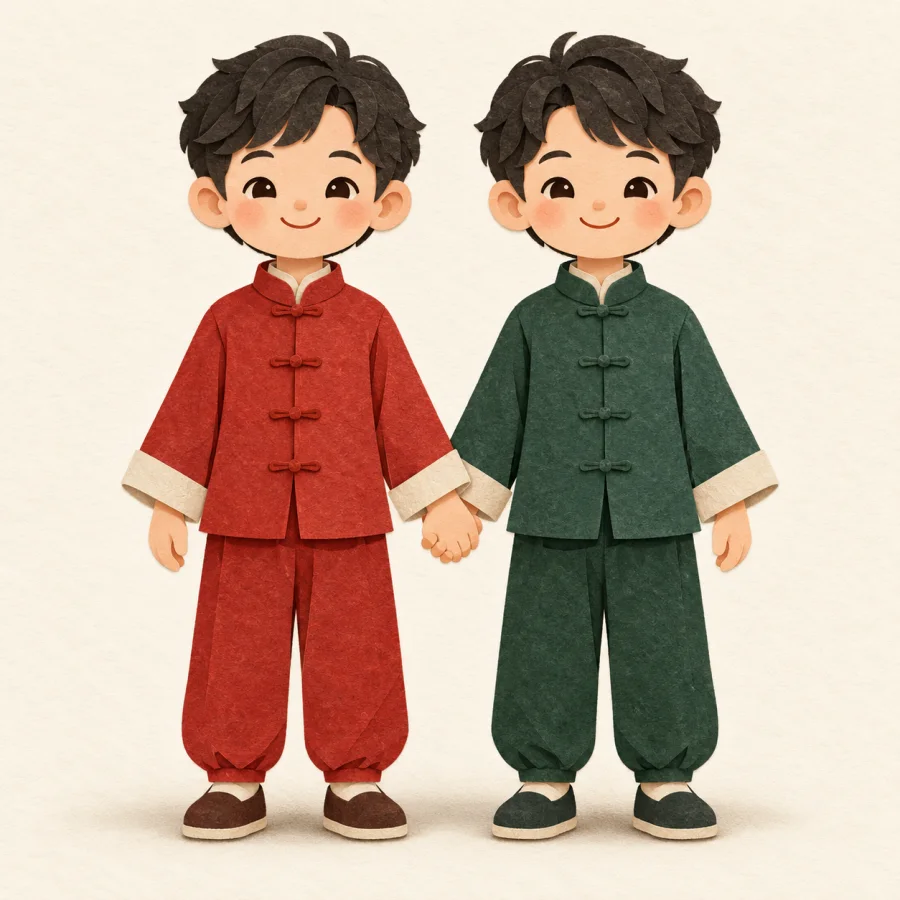 Two identical people stand side by side in red and green outfits