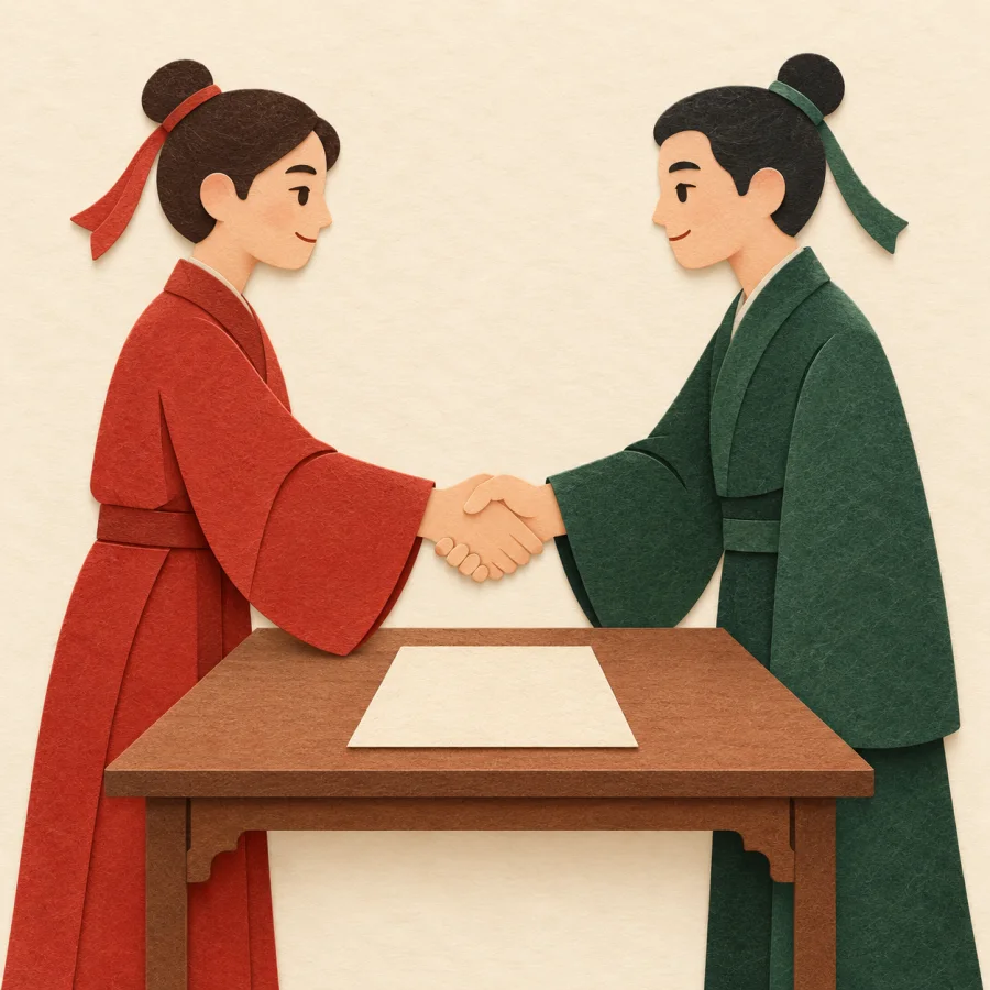 Two figures shake hands across a table at a meeting