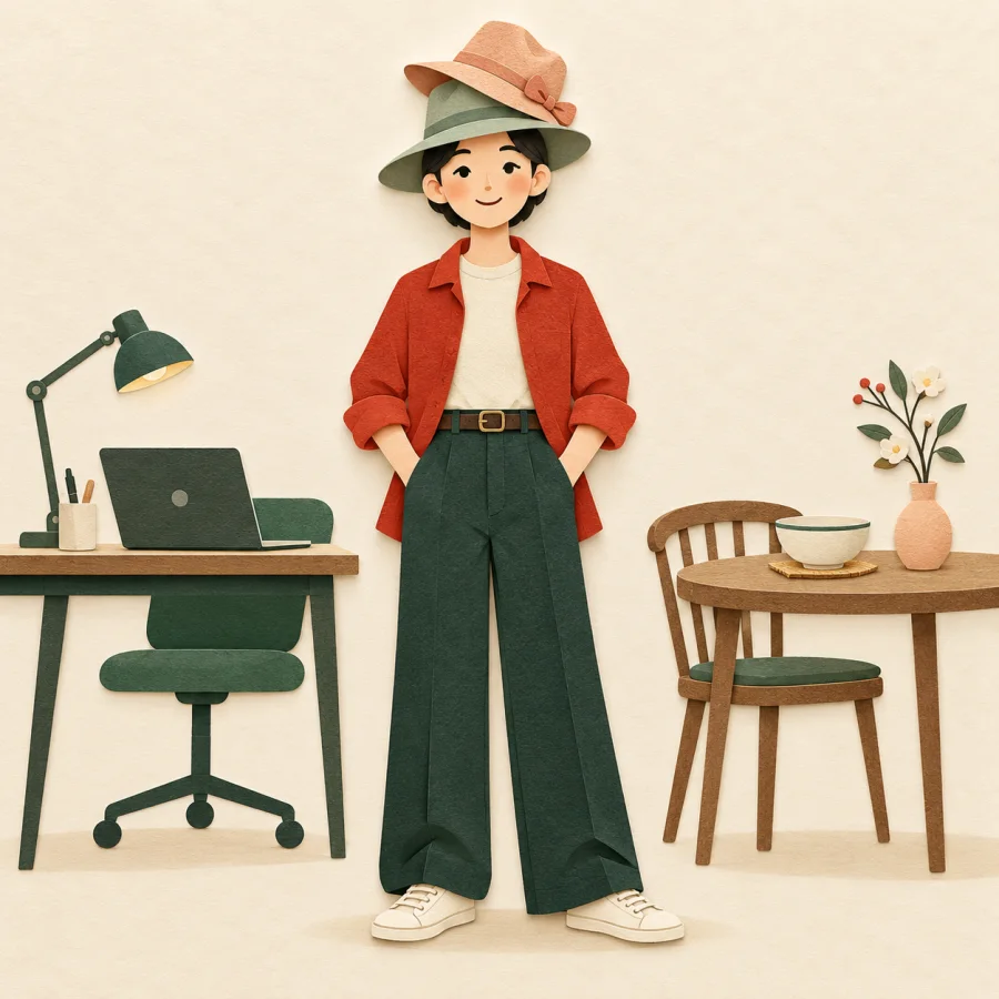 A person wearing two hats, one on top of the other