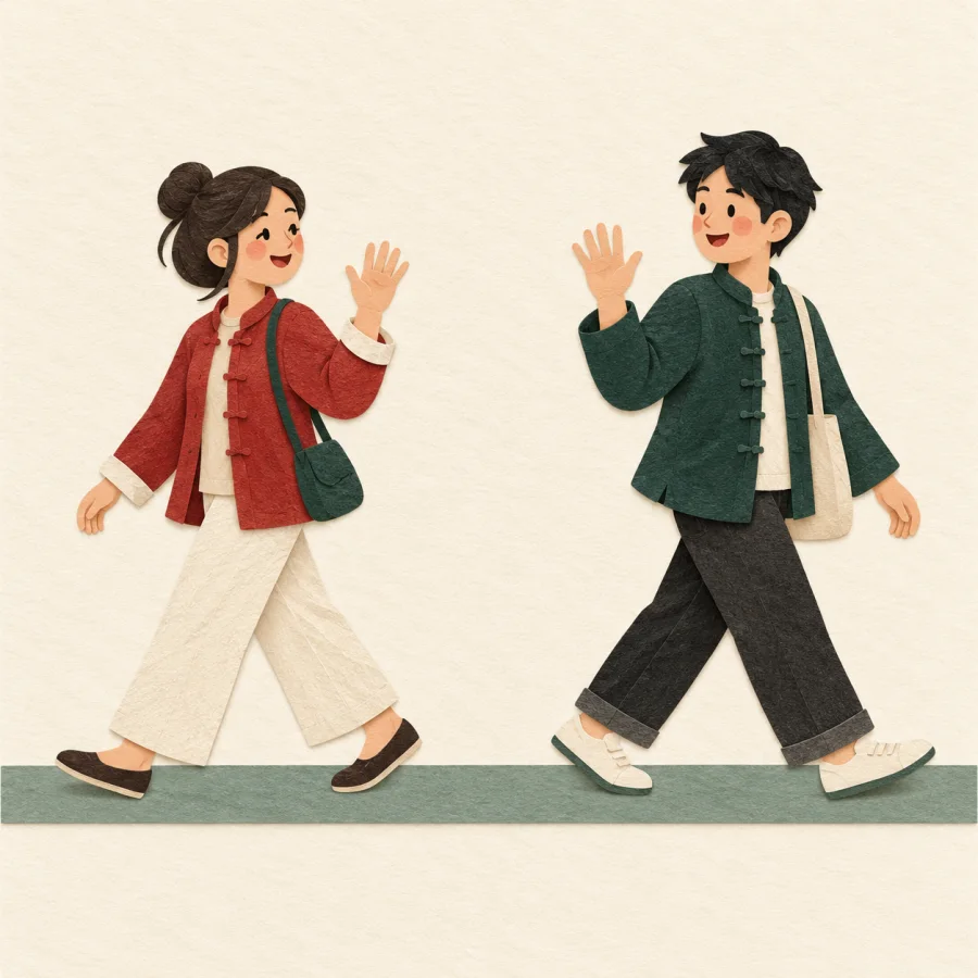Two pedestrians walk in opposite directions along a straight road