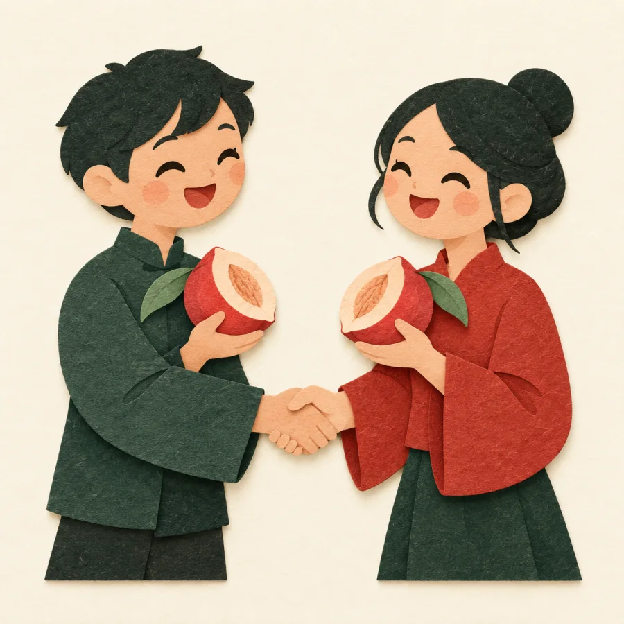 Two figures shaking hands, each holding half of a fruit