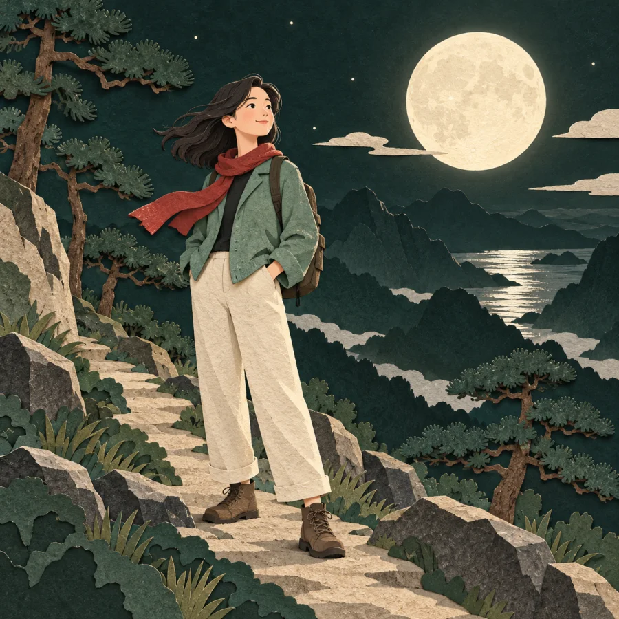 A hiker stands on a mountain path, wind in their hair, moon and pines behind.