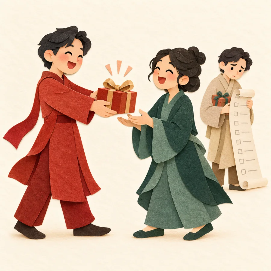 A person hands a gift to a friend immediately and openly